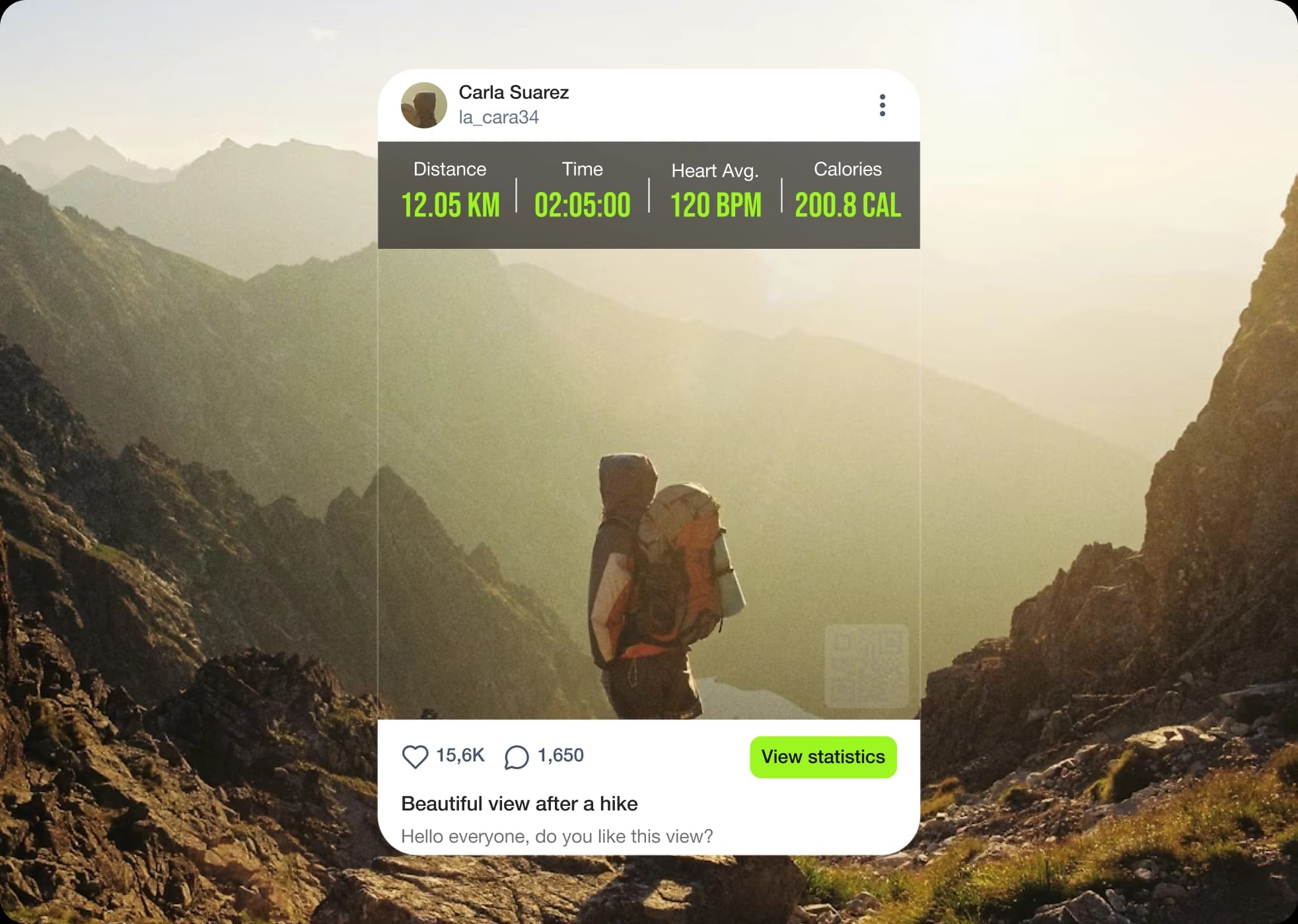 Hiker post with stats and engagement overlay